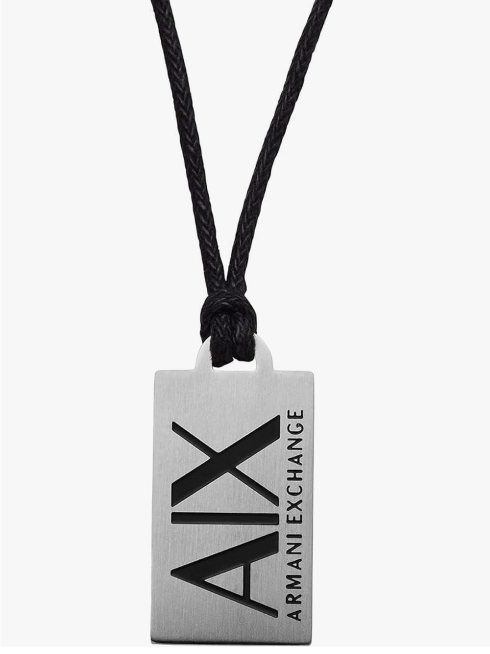 Armani Exchange Silver Tone Rectangular Logo Pendant on Black Cord